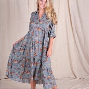 NATURAL LIFE Rebecca Tiered Floral Midi Dress Gray/Orange Floral Print Size XL